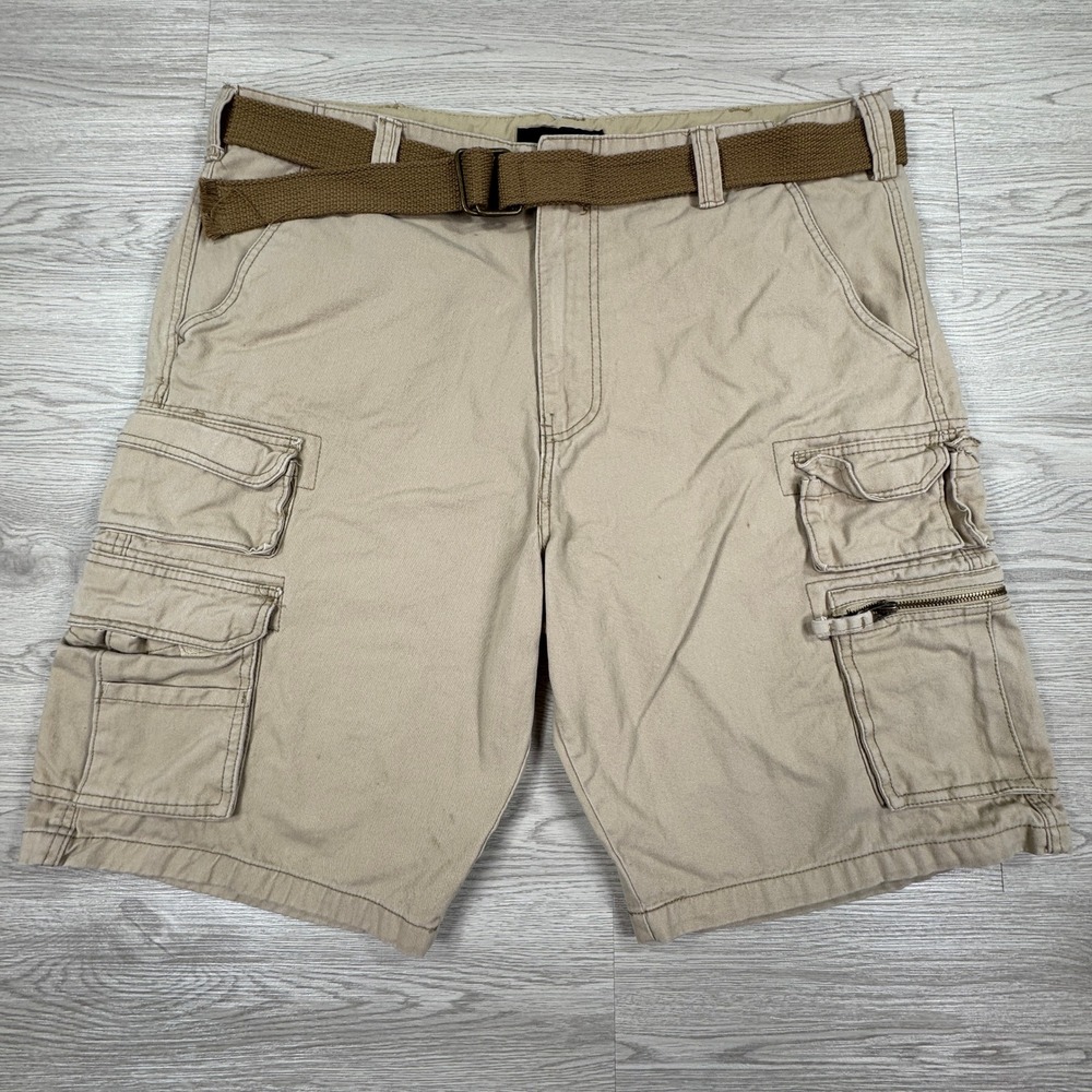 Ocean Pacific Men's Cargo Shorts Wheat Tan 42 Belted Multi-Pocket Cotton